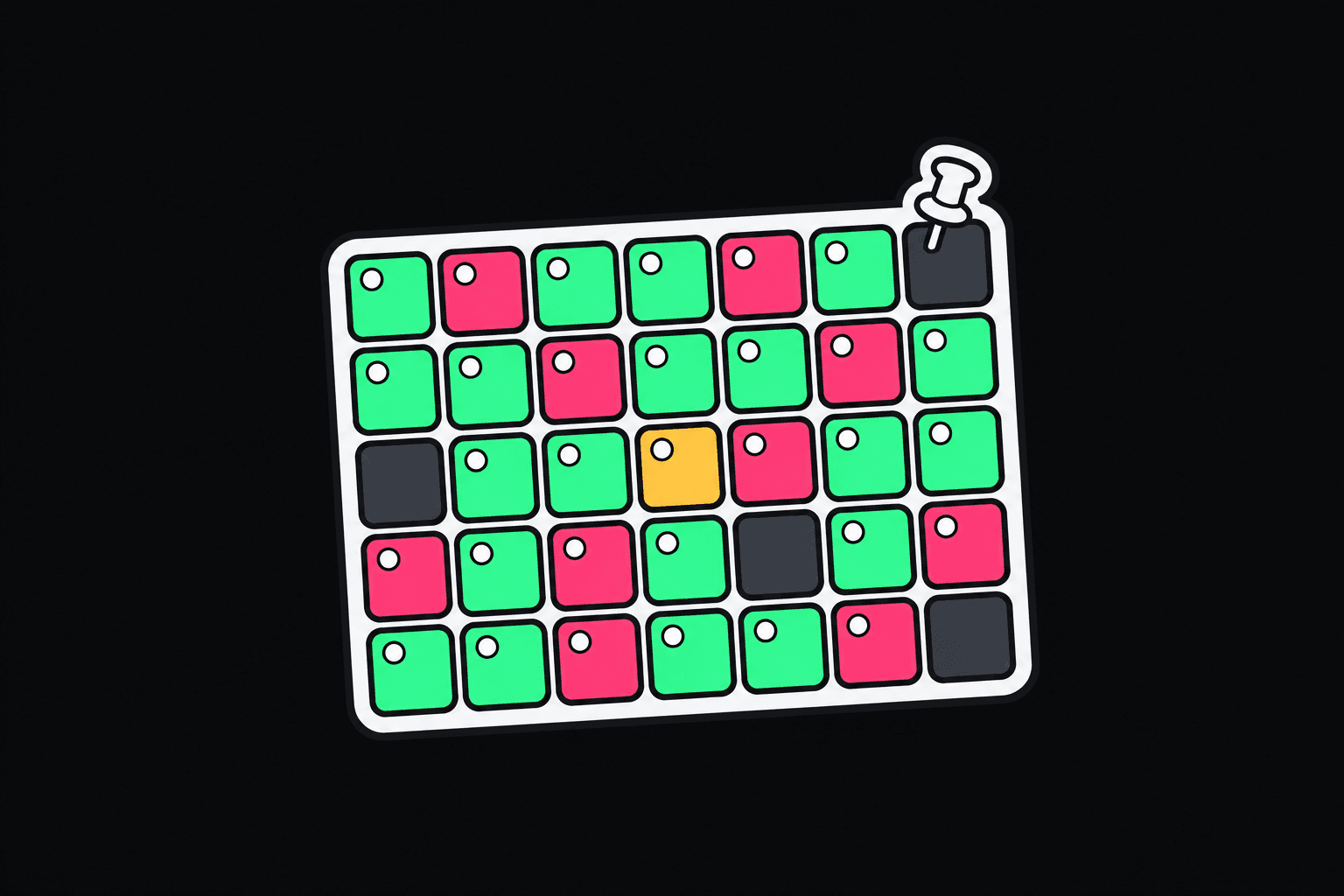 Illustration: a calendar of green and pink day tiles with one gold day.
