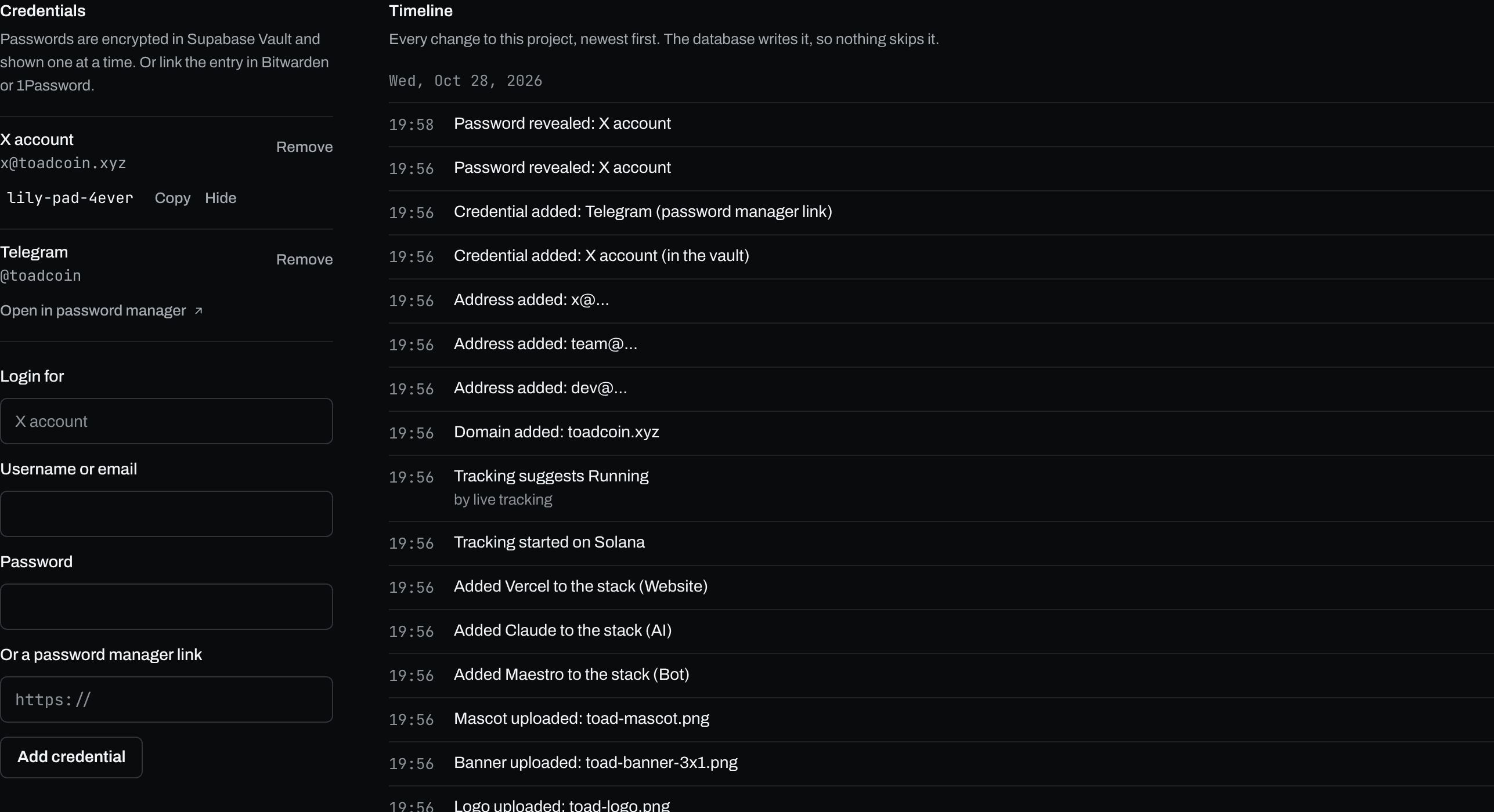 The credentials panel with one password revealed, next to the project timeline.